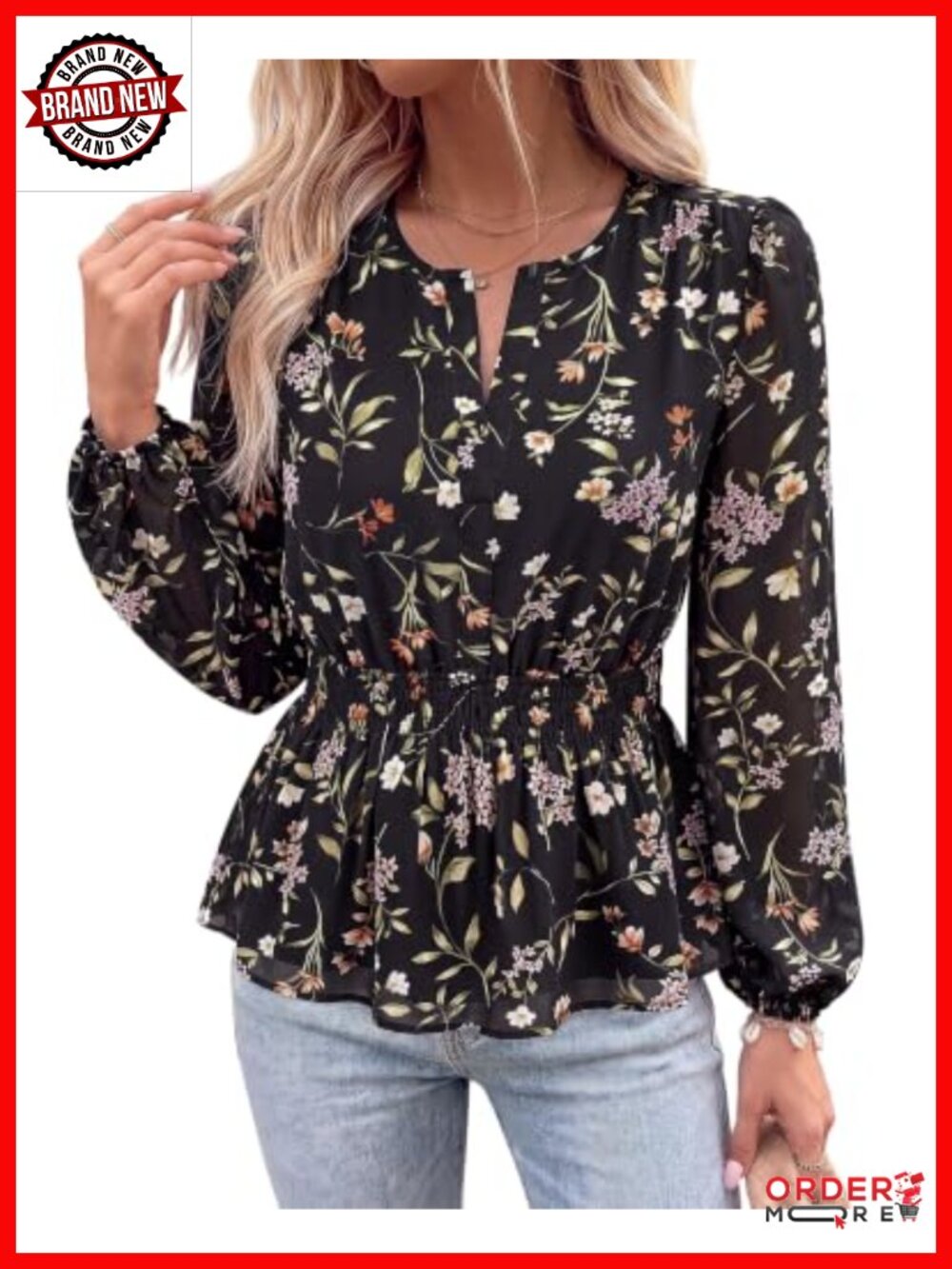 Womens Chiffon Peplum Blouse V Neck Long Sleeve Floral Dressy Casual Top